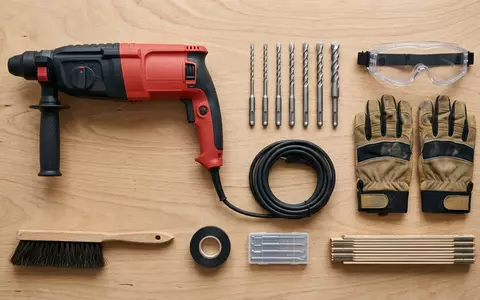 Flatlay-Arrangement rund um Bohrhammer zum Thema Bosch DIY PBH 2100, weiches Oberlicht - Foto: THN