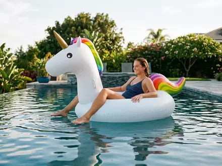 Fotorealistische Aufnahme von Aufblasbares Einhorn im Pool zum Thema Intex Kinder Ride-on Einhorn, natuerliches Licht - Foto: THN