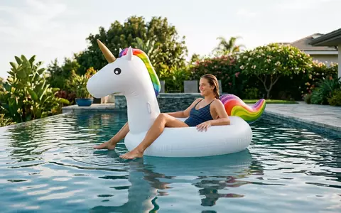 Fotorealistische Aufnahme von Aufblasbares Einhorn im Pool zum Thema Intex Kinder Ride-on Einhorn, natuerliches Licht - Foto: THN