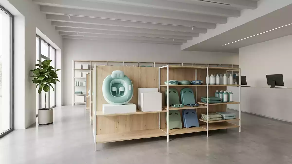 Architektur-Render im Poolzubehoergeschaeft mit Baby-Schwimmsitz im Ausstellungsbereich