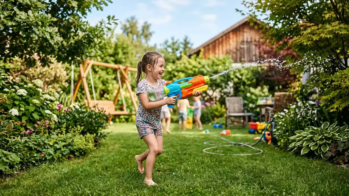 Fotorealistische Ansicht von Wasserspritzpistole im Garten in realer Umgebung, neutral