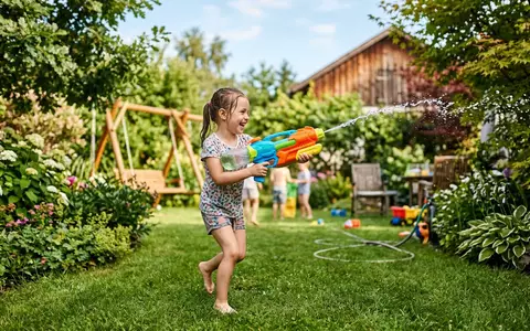 Fotorealistische Aufnahme von Wasserspritzpistole im Garten zum Thema Intex Kinder Wasserspritzpistole Super, natuerliches Licht - Foto: THN