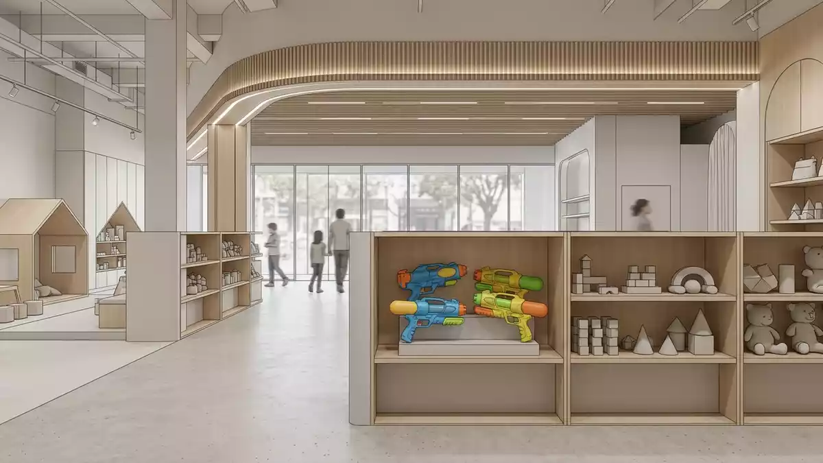 Architektur-Render im Spielwarengeschaeft mit Wasserspritzpistole im Ausstellungsbereich