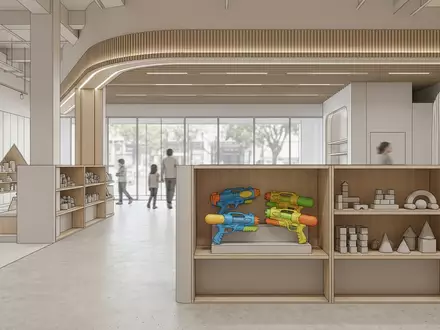 Architektur-Render im Spielwarengeschaeft mit Wasserspritzpistole zum Thema Intex Kinder Wasserspritzpistole Super, neutrales Tageslicht - Foto: THN