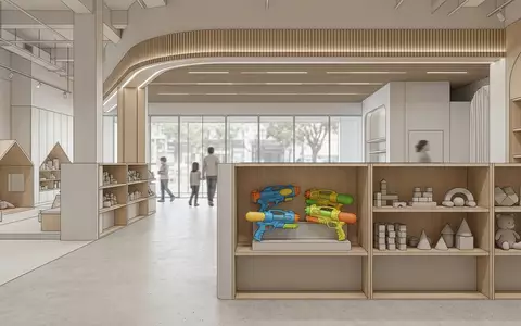 Architektur-Render im Spielwarengeschaeft mit Wasserspritzpistole zum Thema Intex Kinder Wasserspritzpistole Super, neutrales Tageslicht - Foto: THN