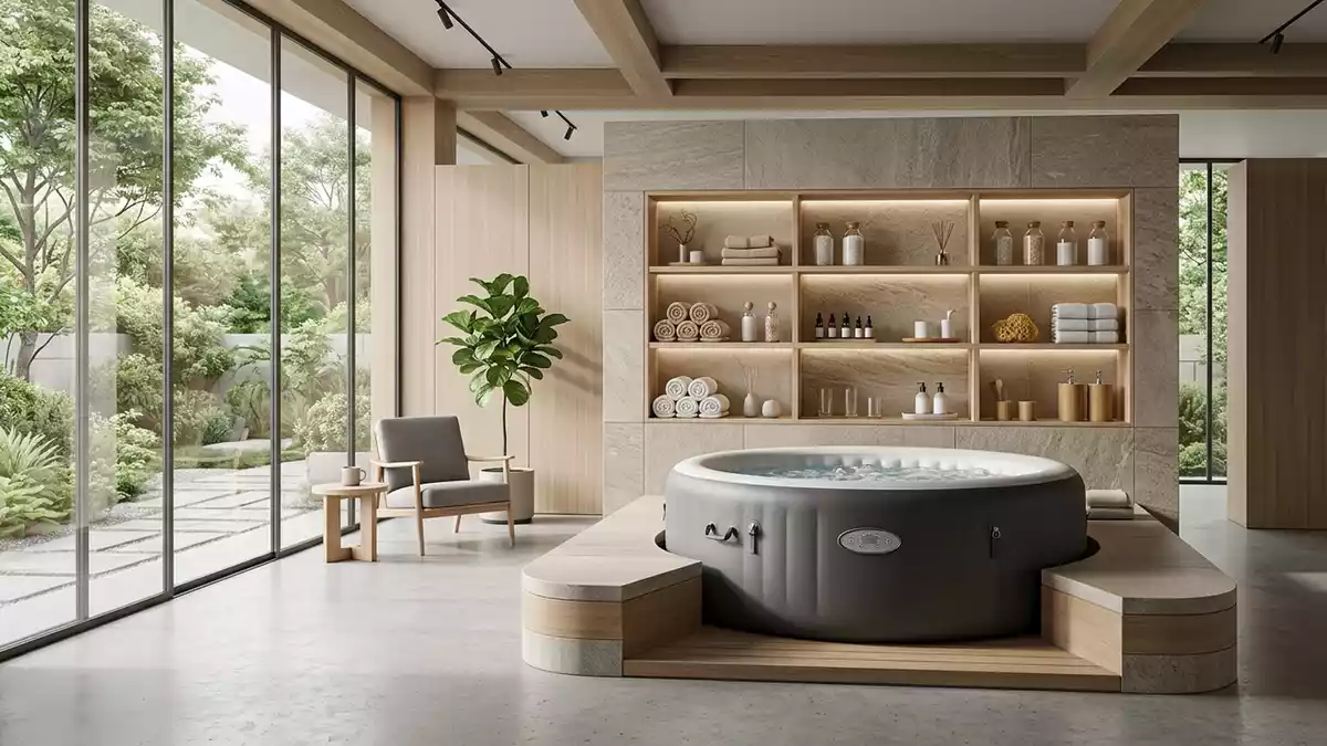 Architektur-Render im Whirlpoolgeschaeft mit Aufblasbarer Whirlpool im Ausstellungsbereich