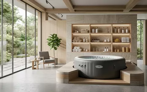 Architektur-Render im Whirlpoolgeschaeft mit Aufblasbarer Whirlpool zum Thema Intex Aufstellpool PureSpa Bubble, neutrales Tageslicht - Foto: THN