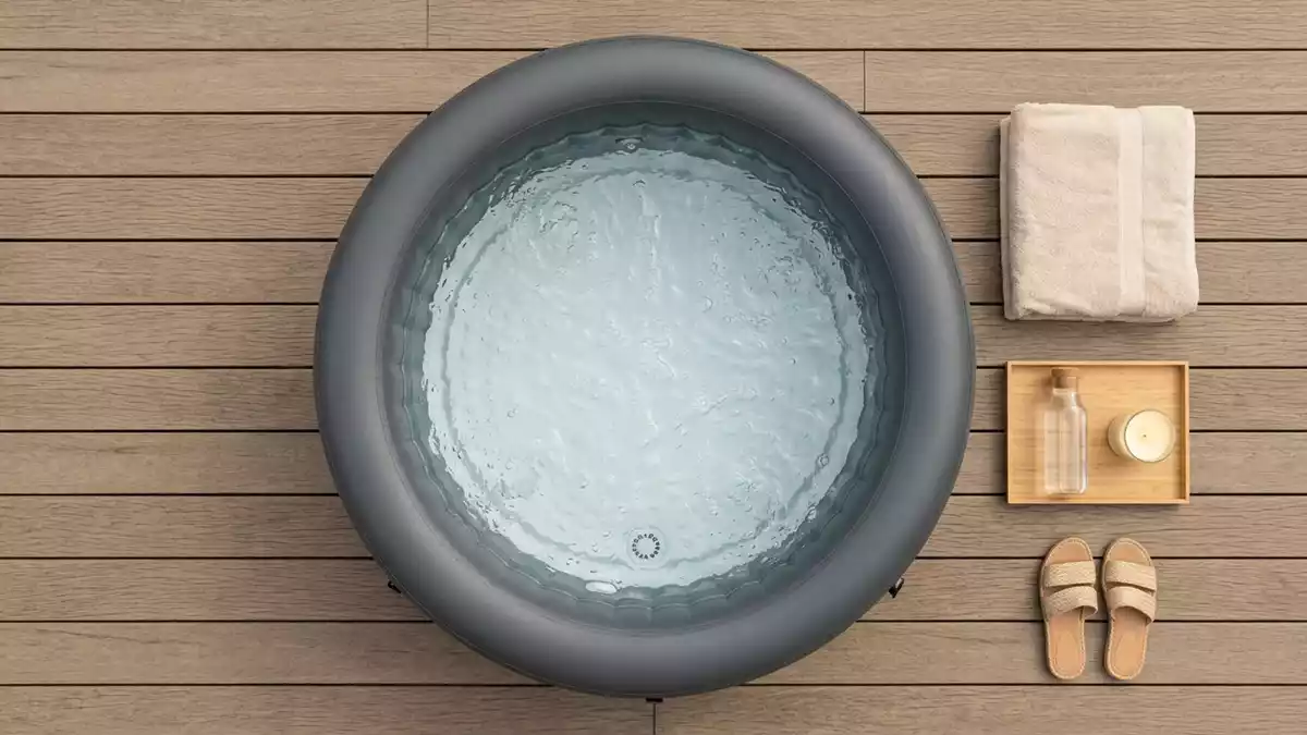 Flatlay-Arrangement rund um Aufblasbarer Whirlpool mit passenden Requisiten von oben