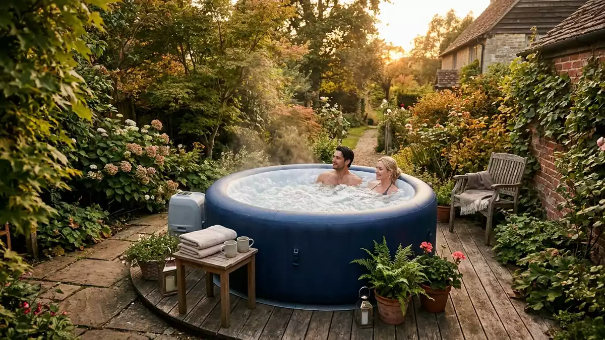Fotorealistische Ansicht von Aufblasbarer Whirlpool im Garten in warmem Abendlicht