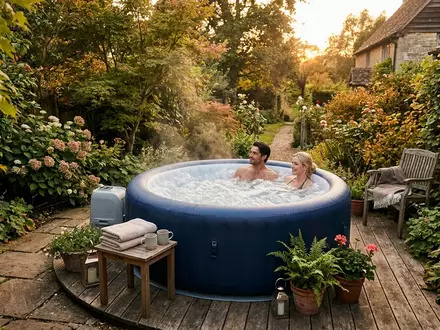 Fotorealistische Aufnahme von Aufblasbarer Whirlpool im Garten zum Thema Intex Aufstellpool PureSpa Bubble, warmes Abendlicht - Foto: THN