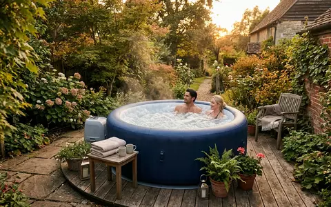 Fotorealistische Aufnahme von Aufblasbarer Whirlpool im Garten zum Thema Intex Aufstellpool PureSpa Bubble, warmes Abendlicht - Foto: THN