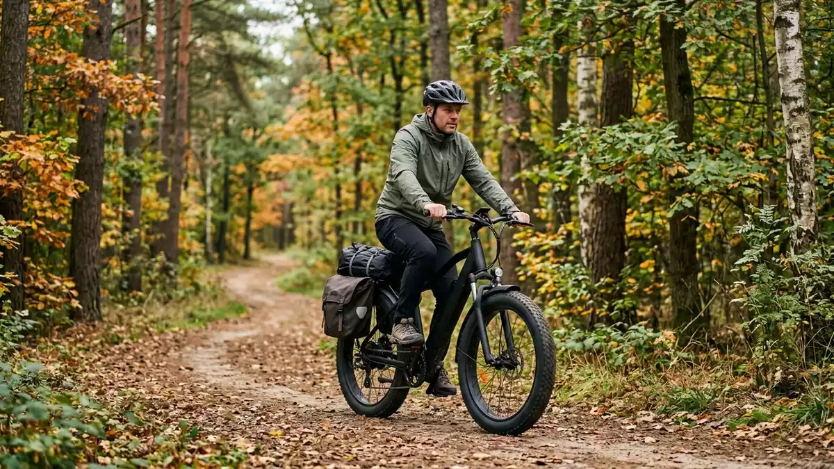 Fotorealistische Ansicht von Elektrofahrrad im Wald in realer Umgebung, neutral