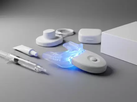 Fotorealistische Studioaufnahme von Zahnaufhellungsset zum Thema Hismile PAP+ Zahnaufhellungs-Kit mit, klare Lichtfuehrung - Foto: THN