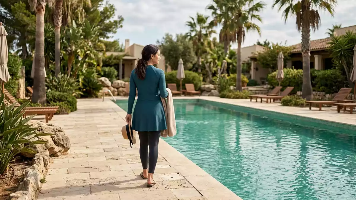 Fotorealistische Ansicht von Badekleid am Pool in realer Umgebung, sachlich dargestellt