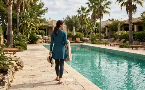 Fotorealistische Aufnahme von Badekleid am Pool zum Thema Hilor Damen Badekleid einteilig, natuerliches Licht - Foto: THN
