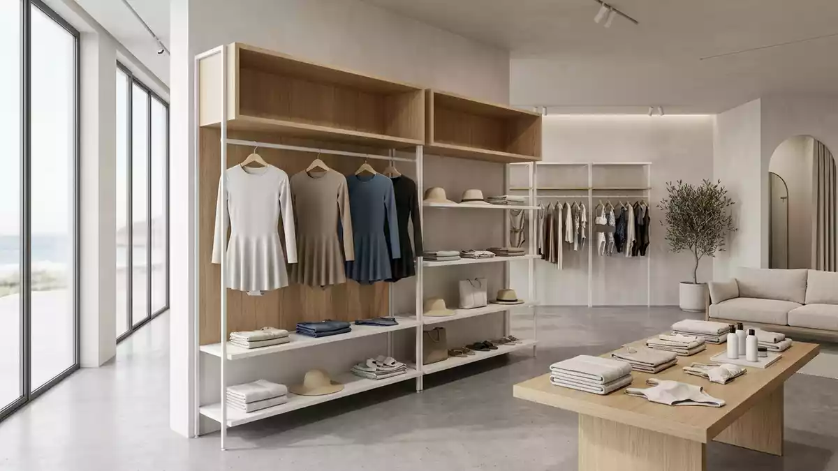 Architektur-Render im Bademodenladen mit Badekleid im Ausstellungsbereich, neutral