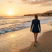 Fotorealistische Aufnahme von Badekleid am Strand zum Thema Hilor Damen Badekleid einteilig, warmes Abendlicht - Foto: THN