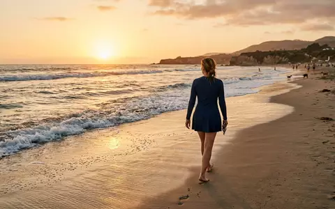 Fotorealistische Aufnahme von Badekleid am Strand zum Thema Hilor Damen Badekleid einteilig, warmes Abendlicht - Foto: THN