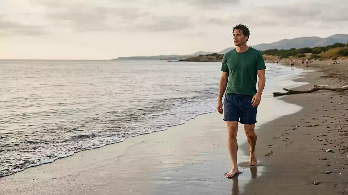 Fotorealistische Ansicht von Badeshorts am Strand in realer Umgebung, neutral
