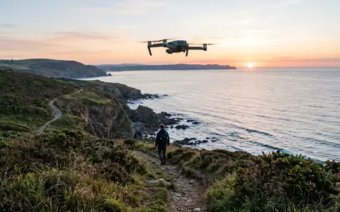 Fotorealistische Aufnahme von Kameradrohne an der Kueste zum Thema DJI Mini 4 Pro, natuerliches Licht - Foto: THN