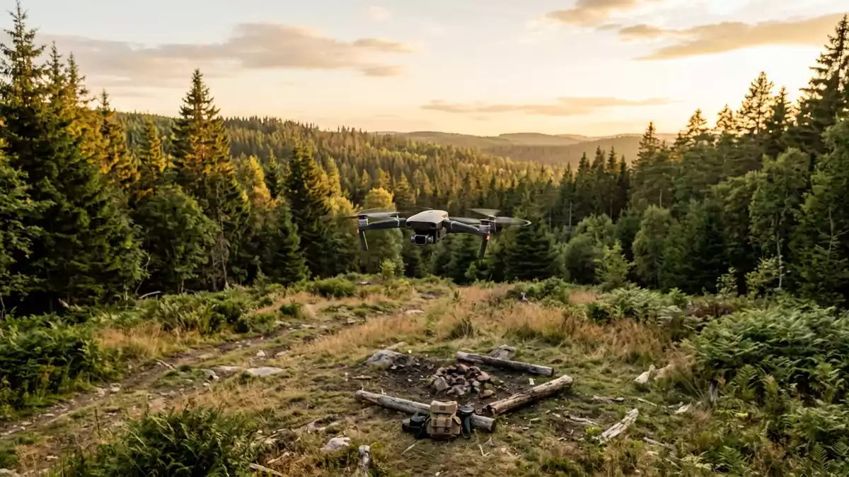Fotorealistische Ansicht von Kameradrohne ueber dem Wald in warmem Abendlicht, neutral