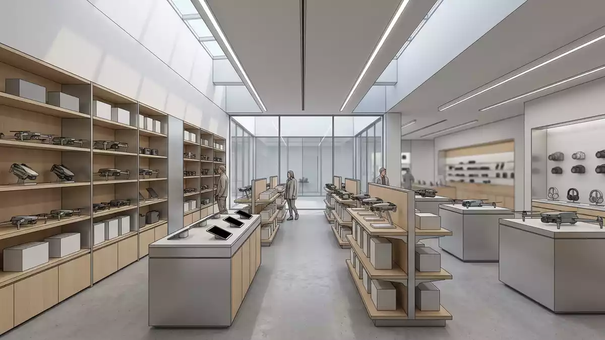 Architektur-Render im Elektronikgeschaeft mit Kameradrohne im Ausstellungsbereich