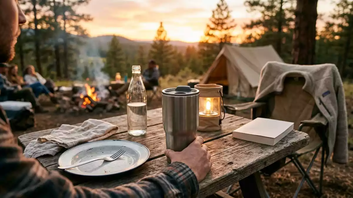 Fotorealistische Ansicht von Trinkbecher beim Campen in warmem Abendlicht, neutral