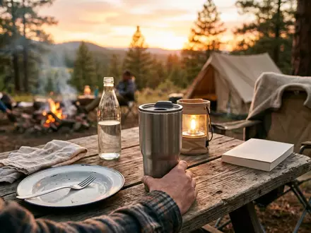Fotorealistische Aufnahme von Trinkbecher beim Campen zum Thema Yeti Rambler 20oz 591ml, warmes Abendlicht - Foto: THN