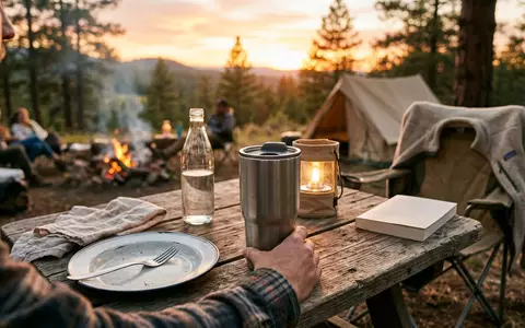 Fotorealistische Aufnahme von Trinkbecher beim Campen zum Thema Yeti Rambler 20oz 591ml, warmes Abendlicht - Foto: THN
