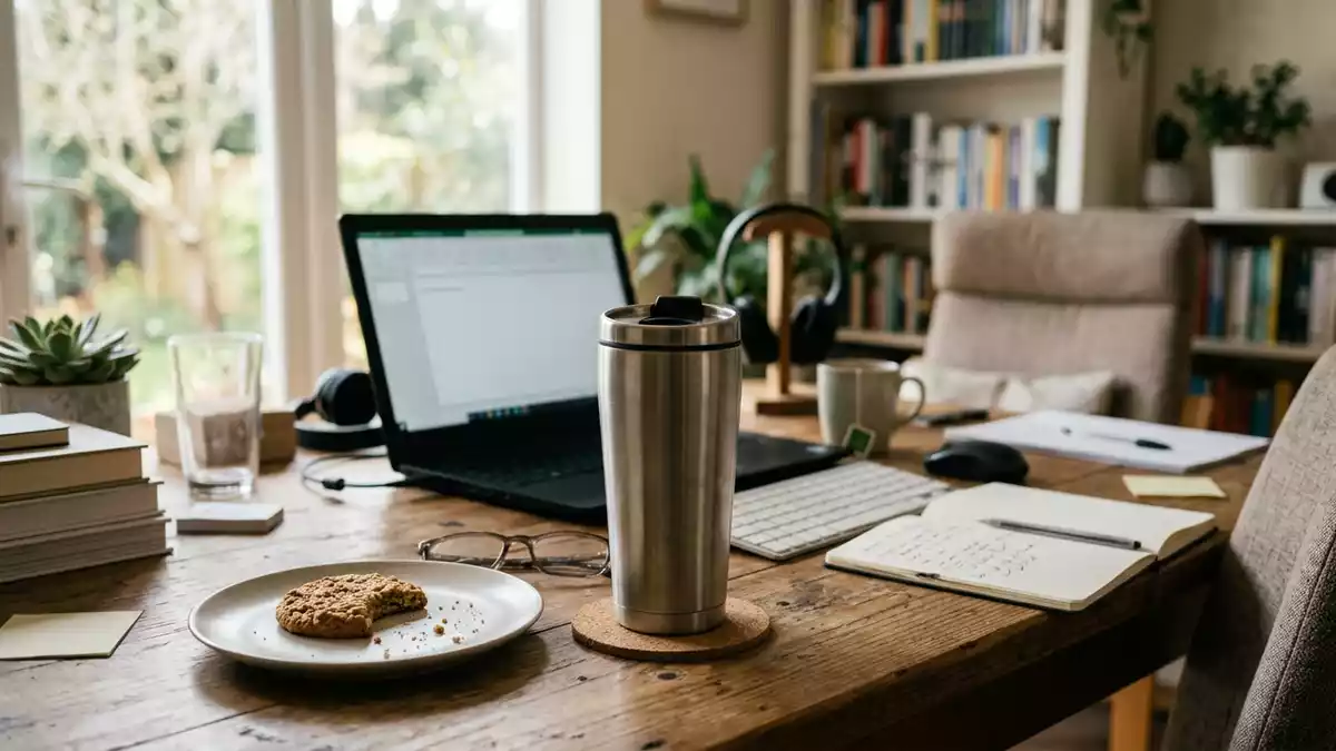 Fotorealistische Ansicht von Trinkbecher im Homeoffice in realer Umgebung, neutral