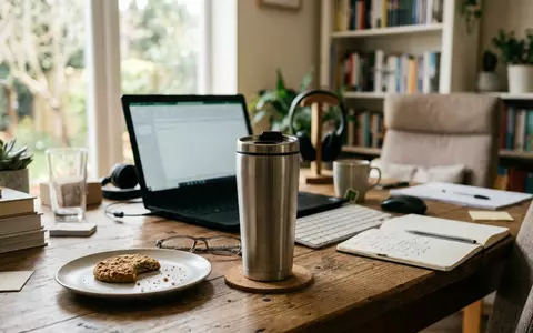 Fotorealistische Aufnahme von Trinkbecher im Homeoffice zum Thema Yeti Rambler 14oz 414ml, natuerliches Licht - Foto: THN