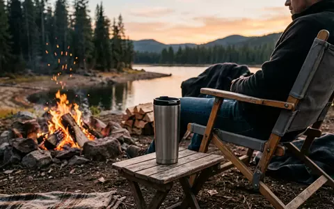 Fotorealistische Aufnahme von Trinkbecher beim Campen zum Thema Yeti Rambler 14oz 414ml, warmes Abendlicht - Foto: THN