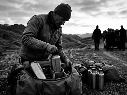 Schwarzweiss-Reportage mit Trinkflasche zum Thema Yeti Rambler 36oz 1L, hoher Kontrast, sachlich dargestellt - Foto: THN