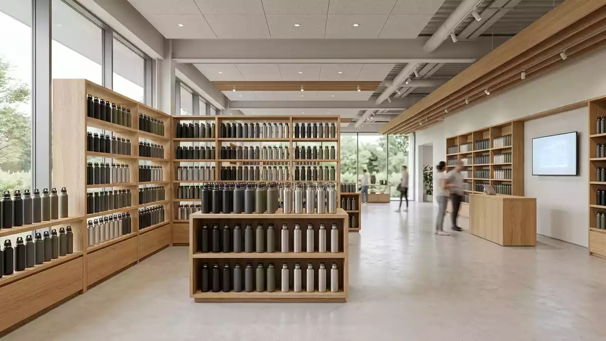 Architektur-Render im Outdoorfachgeschaeft mit Trinkflasche im Ausstellungsbereich