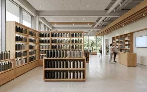 Architektur-Render im Outdoorfachgeschaeft mit Trinkflasche zum Thema Yeti Rambler 36oz 1L, neutrales Tageslicht - Foto: THN