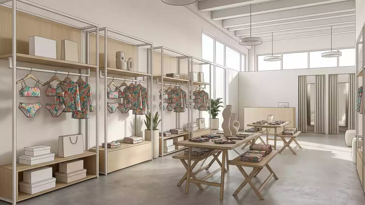 Architektur-Render im Kinderbademodengeschaeft mit Kinderbikini im Ausstellungsbereich