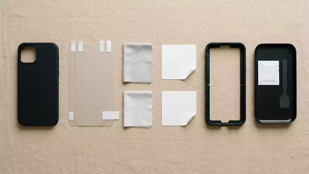 Flatlay-Arrangement rund um Displayschutzglas mit passenden Requisiten von oben