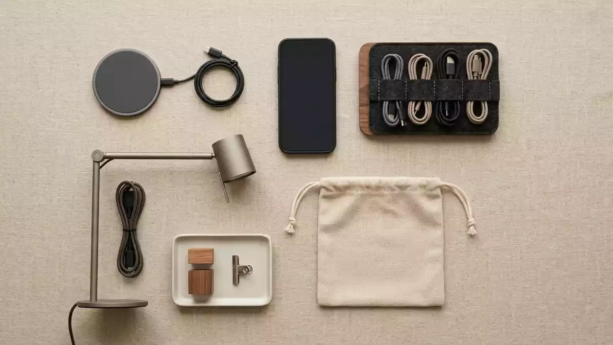 Flatlay-Arrangement rund um Ladepad mit passenden Requisiten von oben, neutral