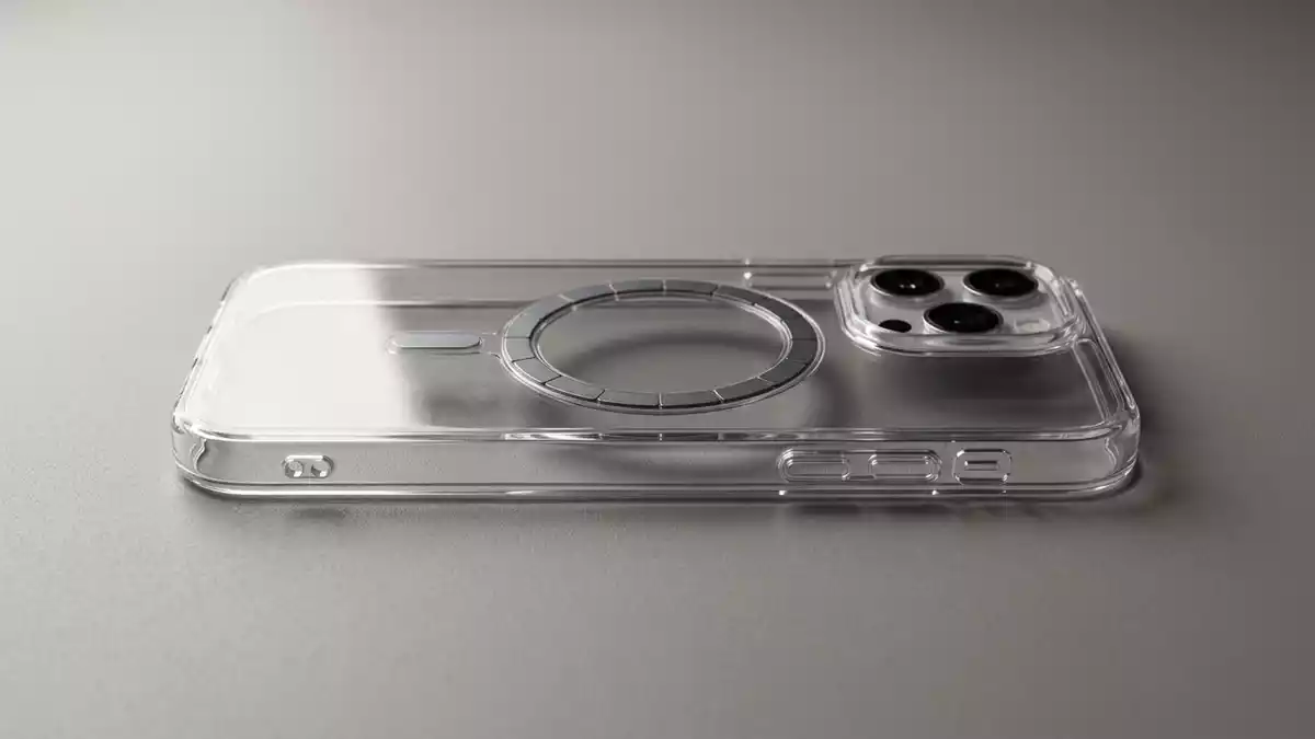 Fotorealistische Studioansicht von Smartphonehuelle in neutraler Produktdarstellung