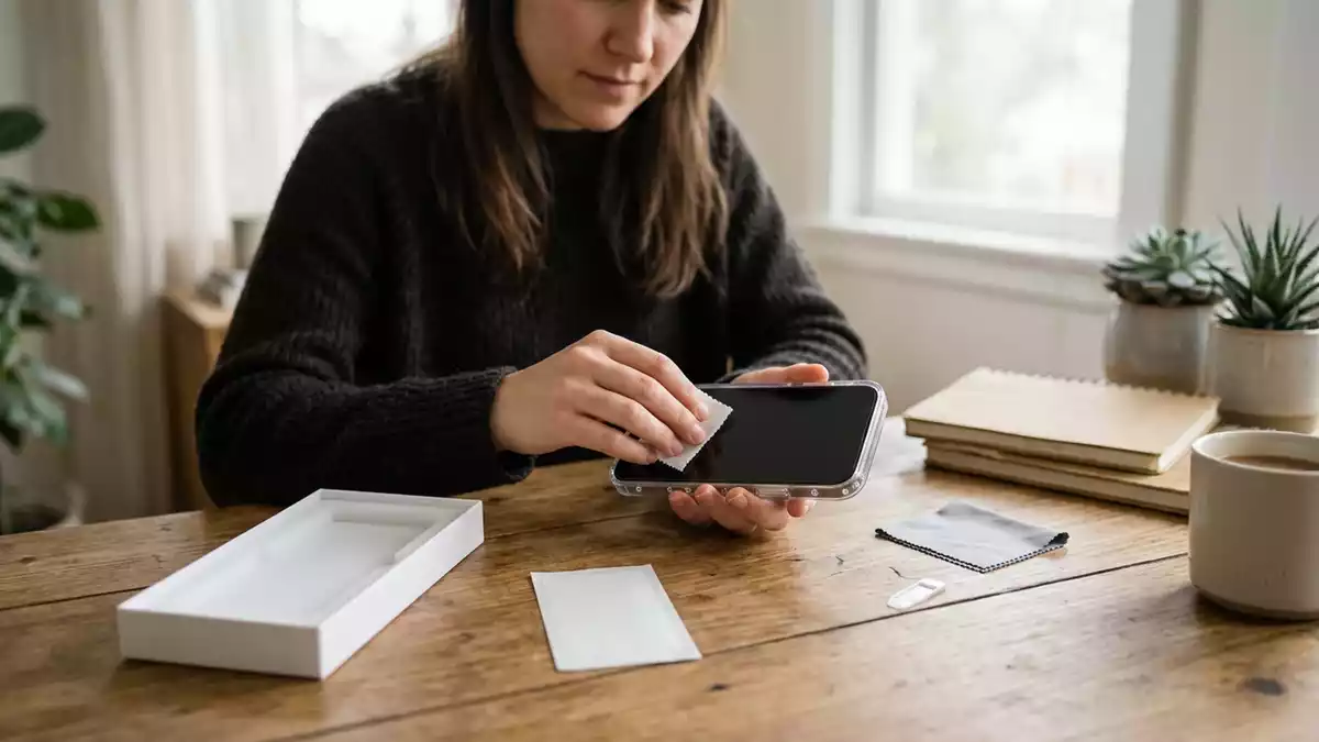 Fotorealistische Ansicht von Smartphonehuelle am Schreibtisch in realer Umgebung