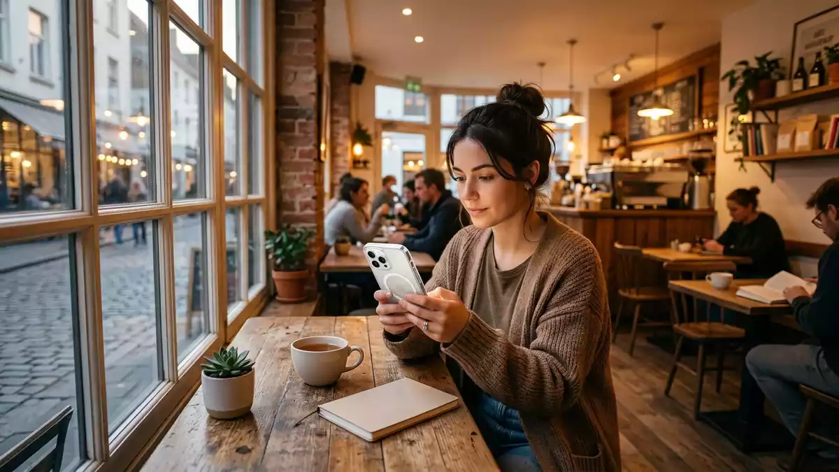 Fotorealistische Ansicht von Smartphonehuelle im Cafe in warmem Abendlicht, neutral