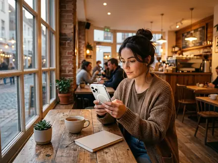 Fotorealistische Aufnahme von Smartphonehuelle im Cafe zum Thema ESR MagSafe Hülle iPhone, warmes Abendlicht - Foto: THN