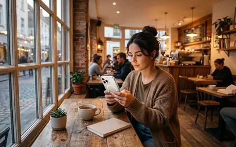Fotorealistische Aufnahme von Smartphonehuelle im Cafe zum Thema ESR MagSafe Hülle iPhone, warmes Abendlicht - Foto: THN