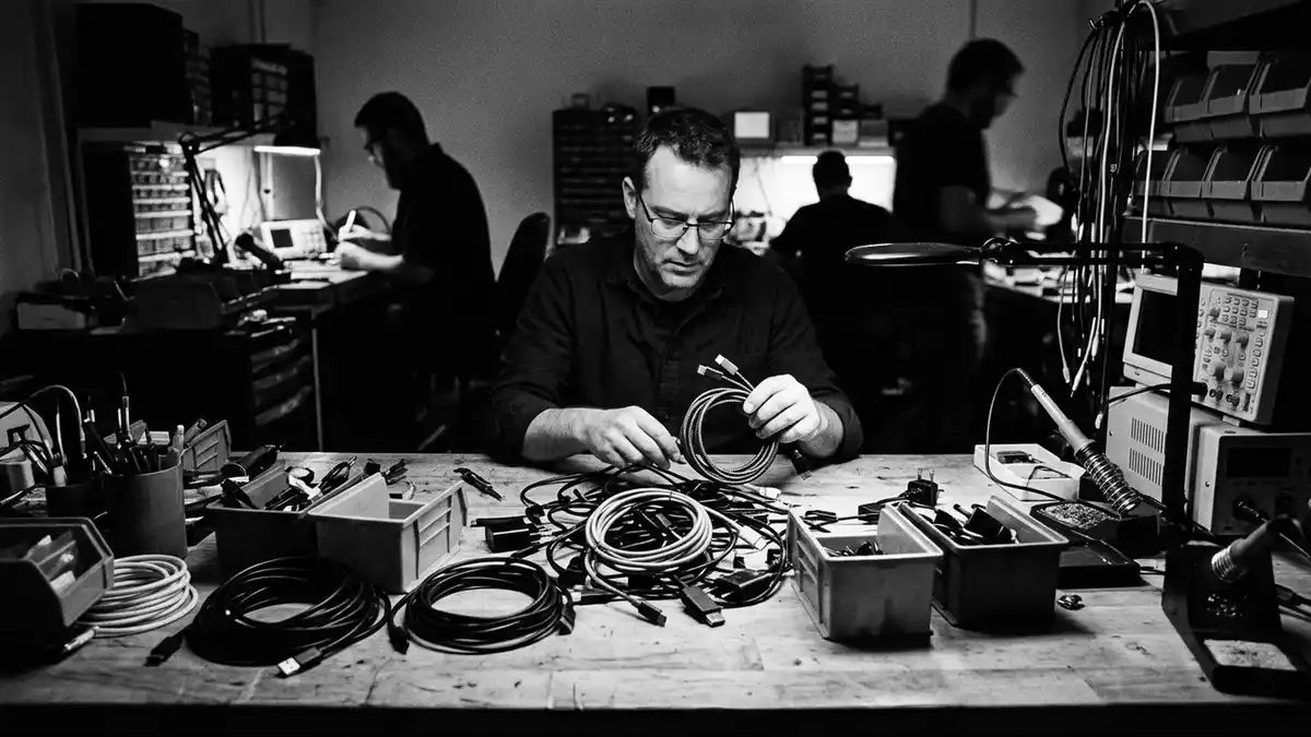 Schwarzweiss-Reportagebild mit Ladekabel in dokumentarischer Arbeitsumgebung, neutral