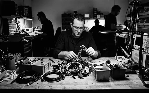 Schwarzweiss-Reportage mit Ladekabel zum Thema ESR USB-C auf Lightning, hoher Kontrast, sachlich dargestellt - Foto: THN