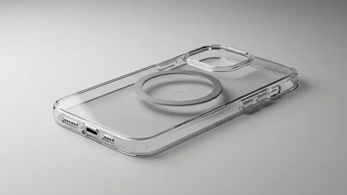 Fotorealistische Studioansicht von Smartphonehuelle in neutraler Produktdarstellung
