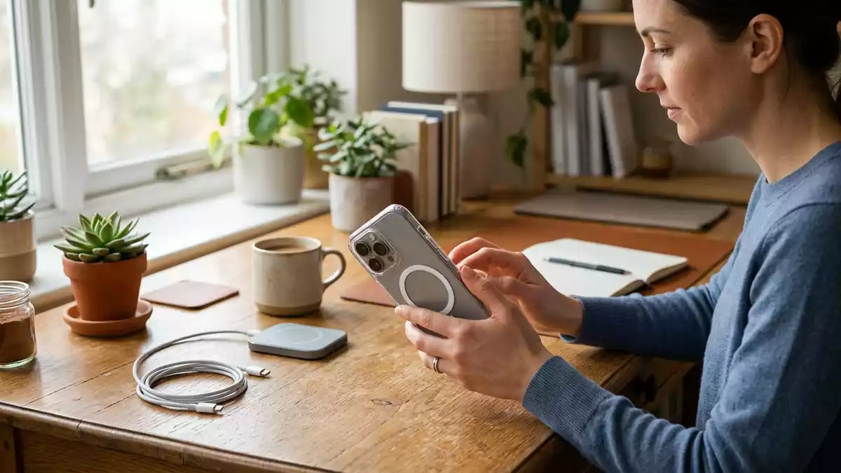 Fotorealistische Ansicht von Smartphonehuelle am Schreibtisch in realer Umgebung