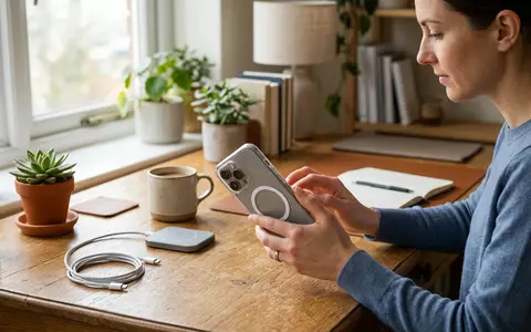 Fotorealistische Aufnahme von Smartphonehuelle am Schreibtisch zum Thema ESR MagSafe Hülle iPhone, natuerliches Licht - Foto: THN