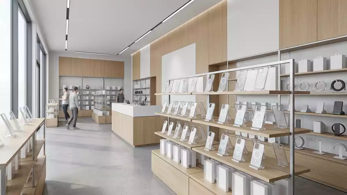 Architektur-Render im Mobilgeraete Handel mit Smartphonehuelle im Ausstellungsbereich