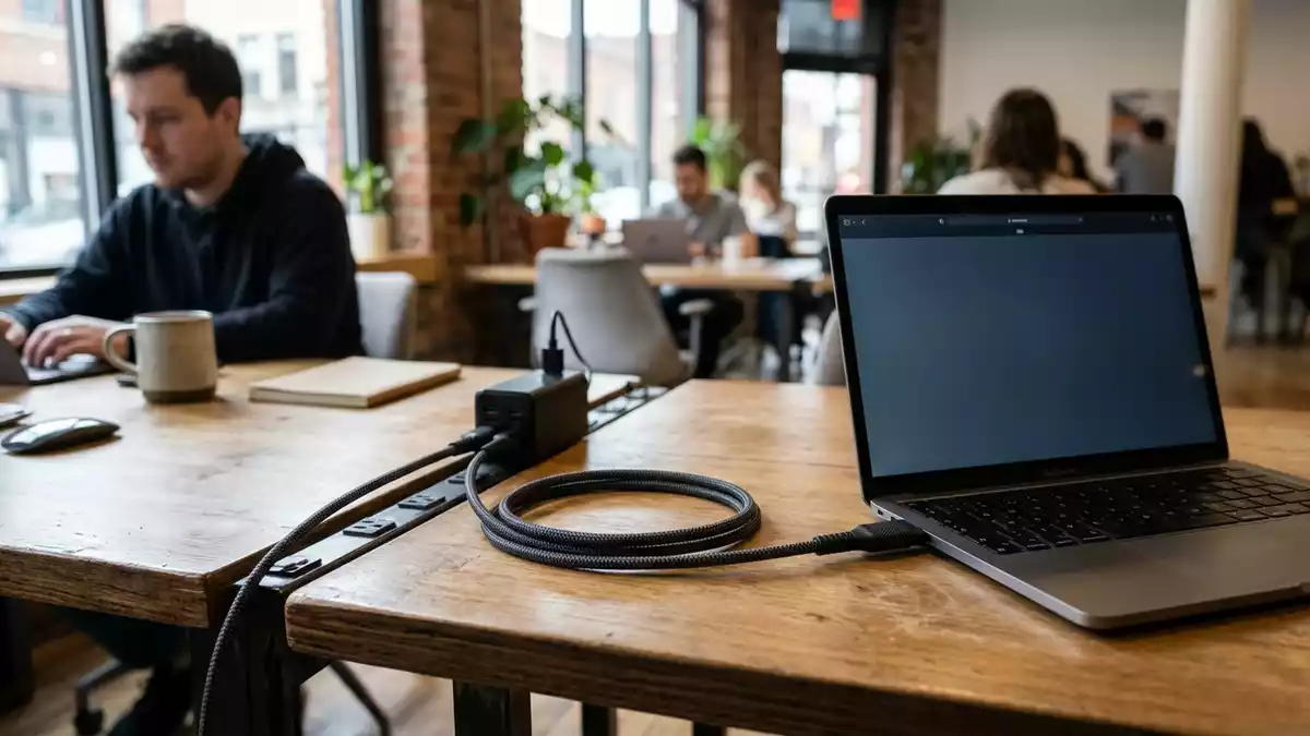 Fotorealistische Ansicht von USB-C-Ladekabel am Arbeitsplatz in realer Umgebung